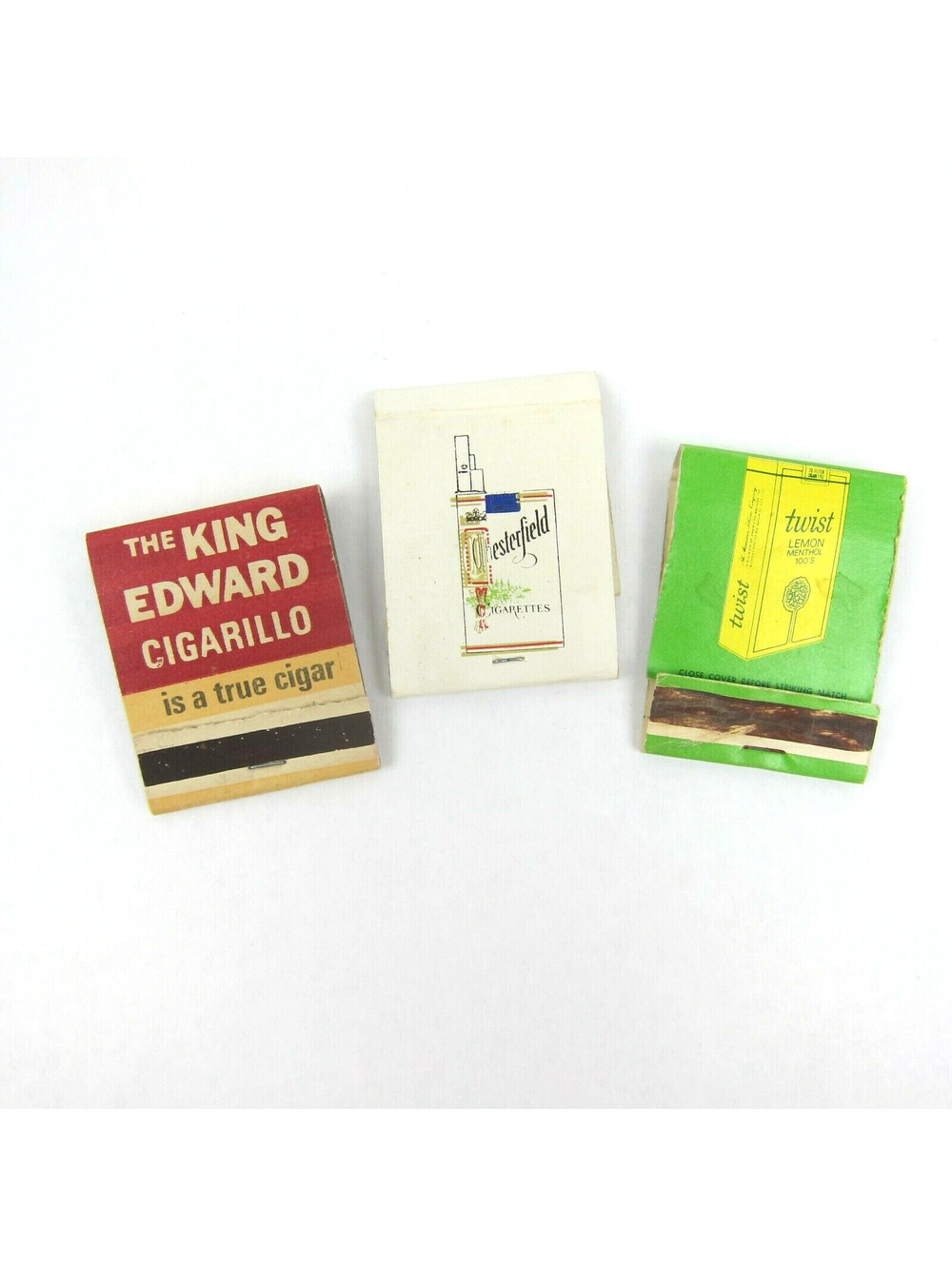 3 Vintage Matchbooks King Edward Cigarillo Chesterfield & Twist Lemon Cigarettes